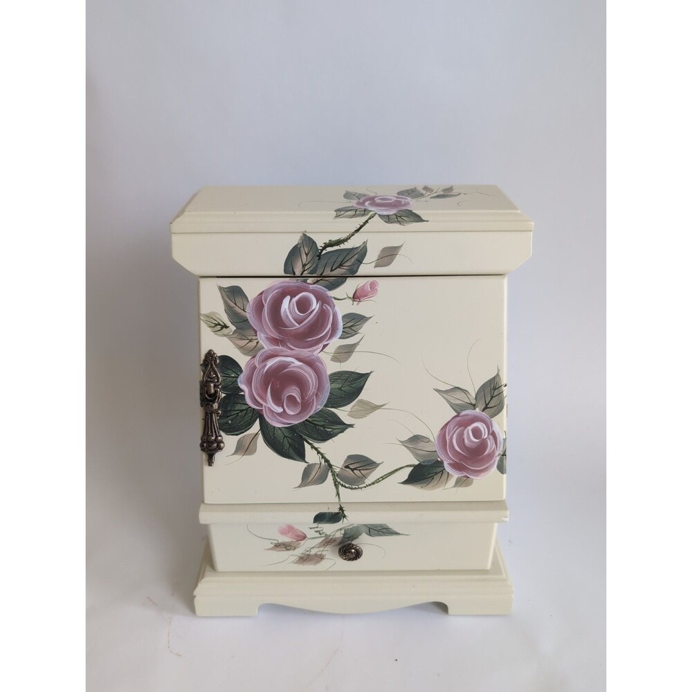 Tole Painted Jewelry Box Flowers Cottage Chic With Door Drawer Kenyield Vtg